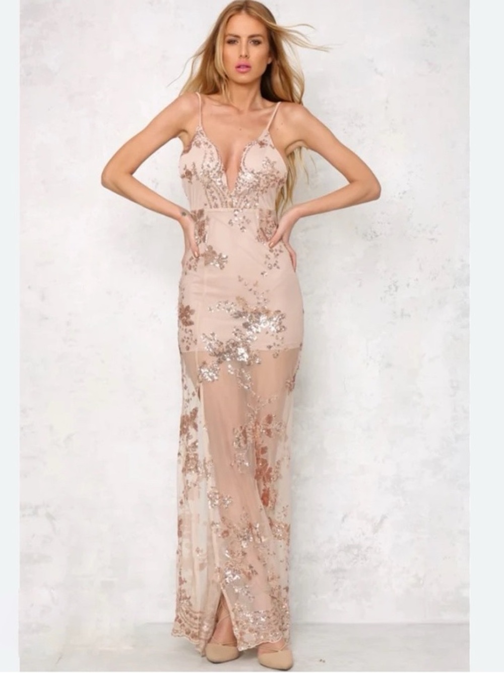 Deep V-Neck Sheer Nude Rose Gold Sequin Dress S